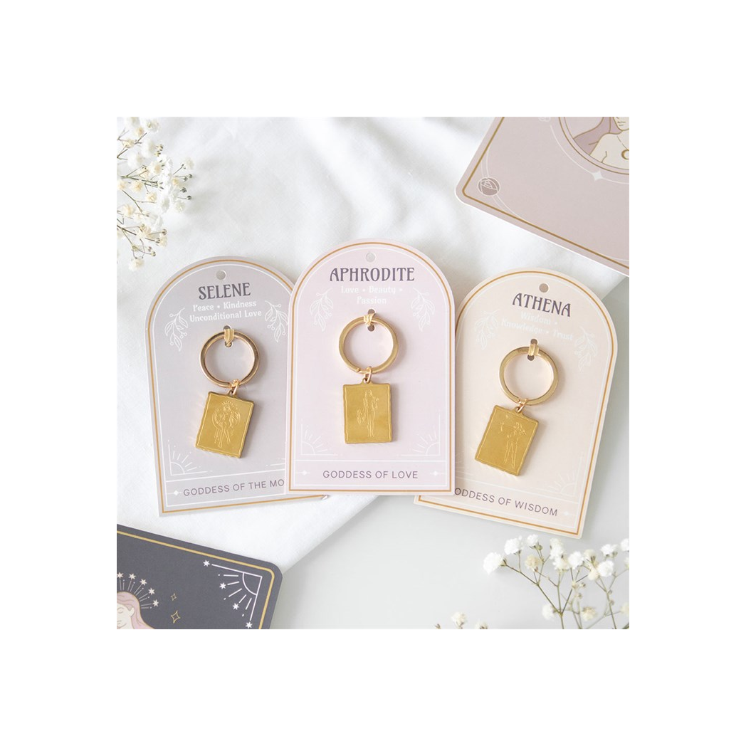 Set of 24 Goddess Talisman Keyrings on Display