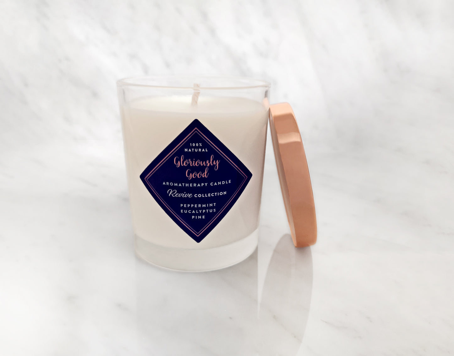 Peppermint, Eucalyptus and Pine aromatherapy candle with rose gold lid hand poured natural soy wax with essential oils