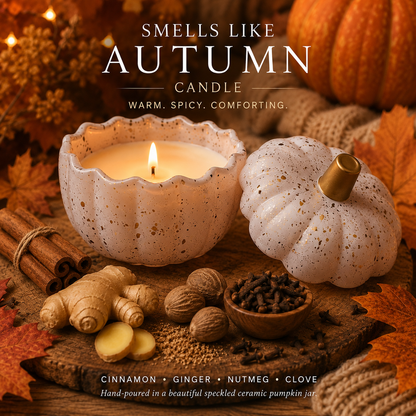 Smells Like Autumn Pumpkin Candle in White Speckled Jar