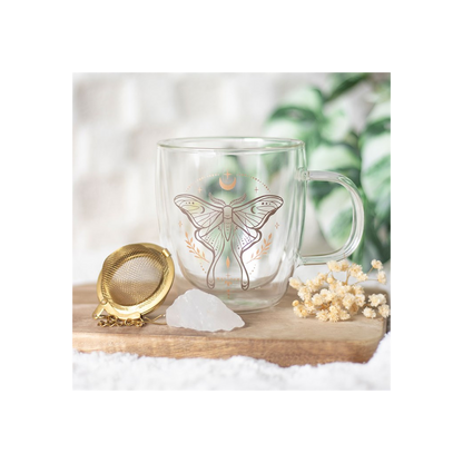 Luna Moth Double Walled Glass Mug with Crystal Tea Infuser