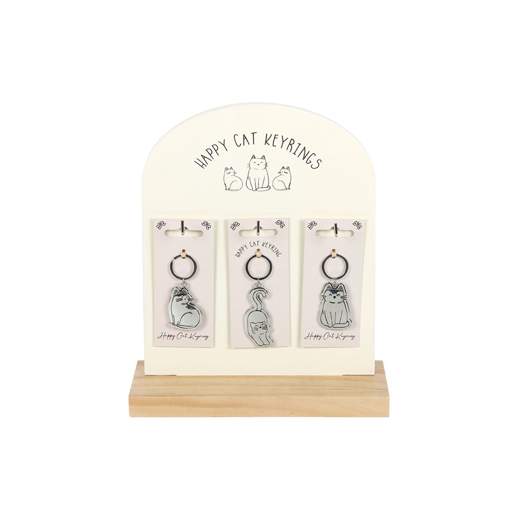 Set of 24 Happy Cat Keyrings on Display