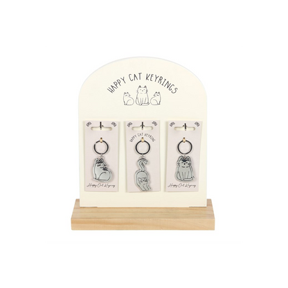 Set of 24 Happy Cat Keyrings on Display