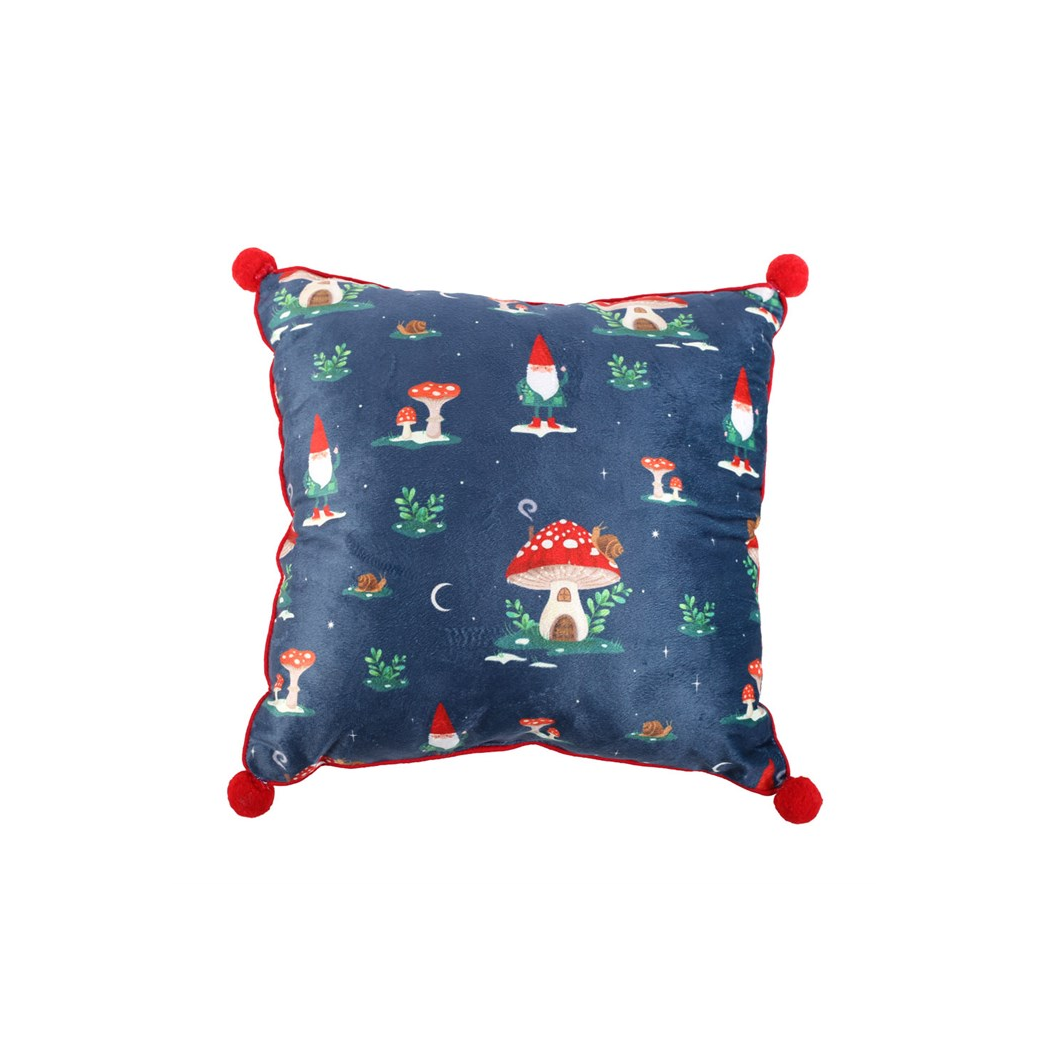 Gnome print cushion with pom poms