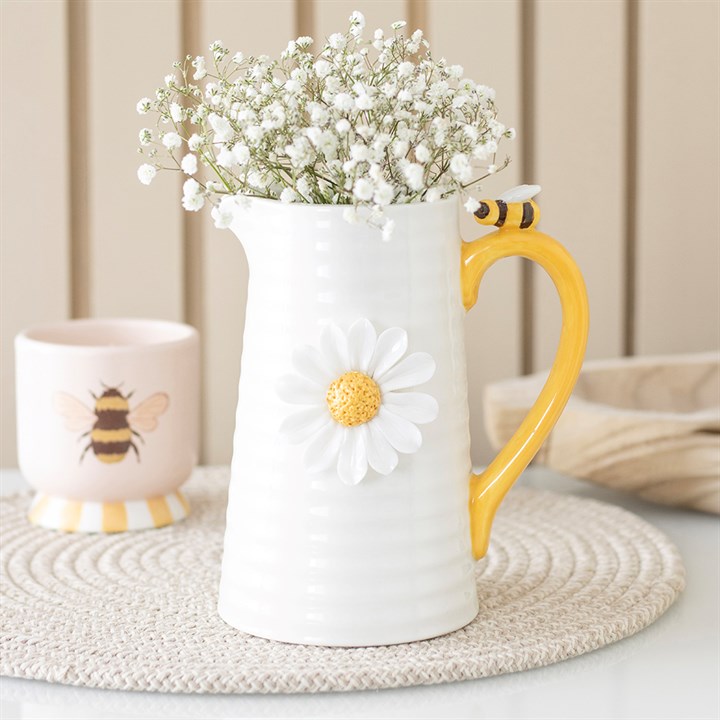 3D daisy and honey bee ceramic flower jug