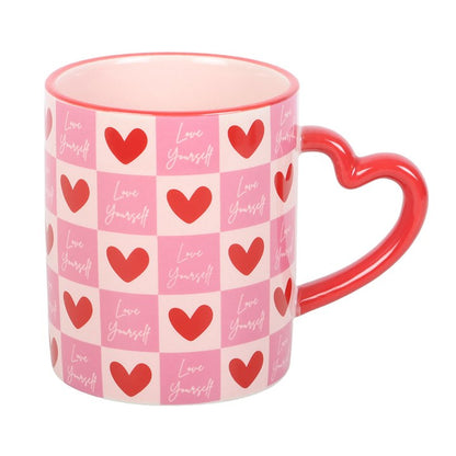 Love Yourself Checkered Mug with Heart Handle