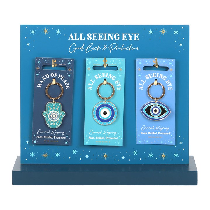 Set of 18 All Seeing Eye Keyrings on Display