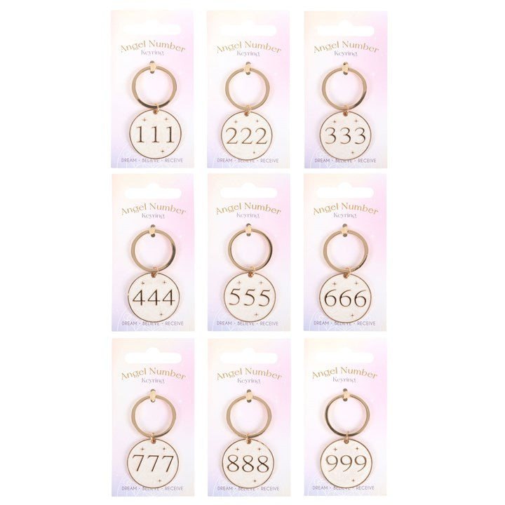 Set of 36 Angel Number Keyrings on Display