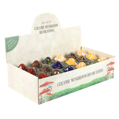 Set of 18 Ceramic Mushroom Plant Pot Decorations in Display