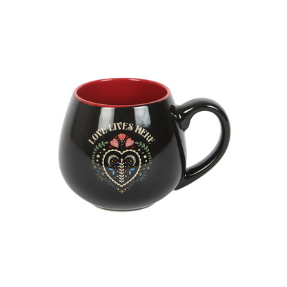 Love Lives Here Folk Heart Rounded Mug