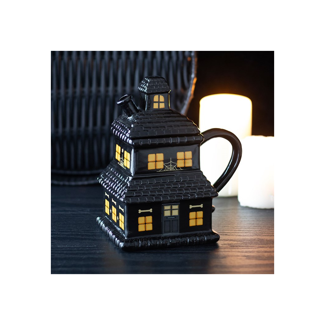 Black haunted house mug