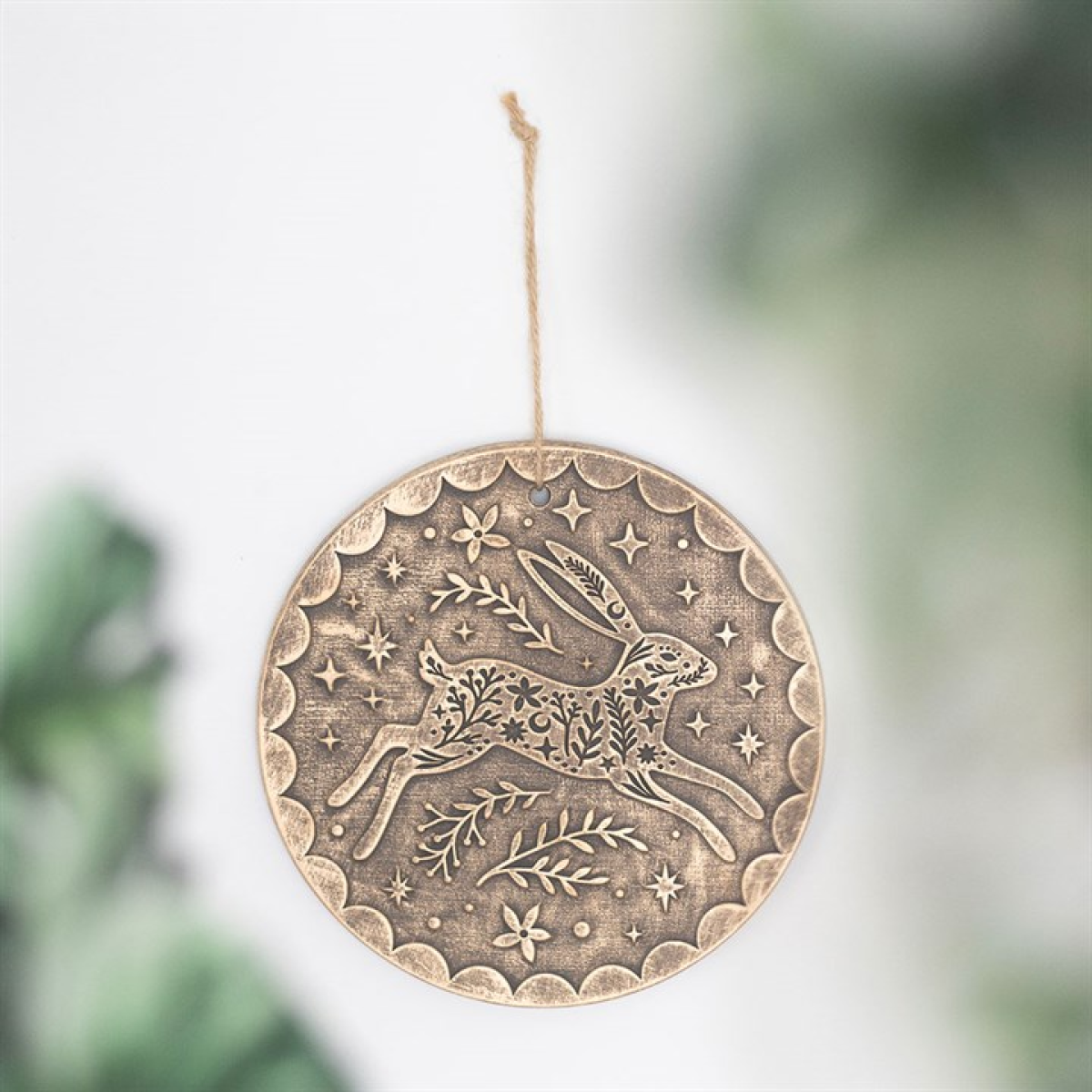 Bronze effect leaping hare terracotta hanging plaque