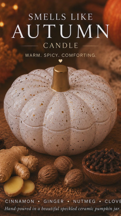 Smells Like Autumn Pumpkin Candle in White Speckled Jar