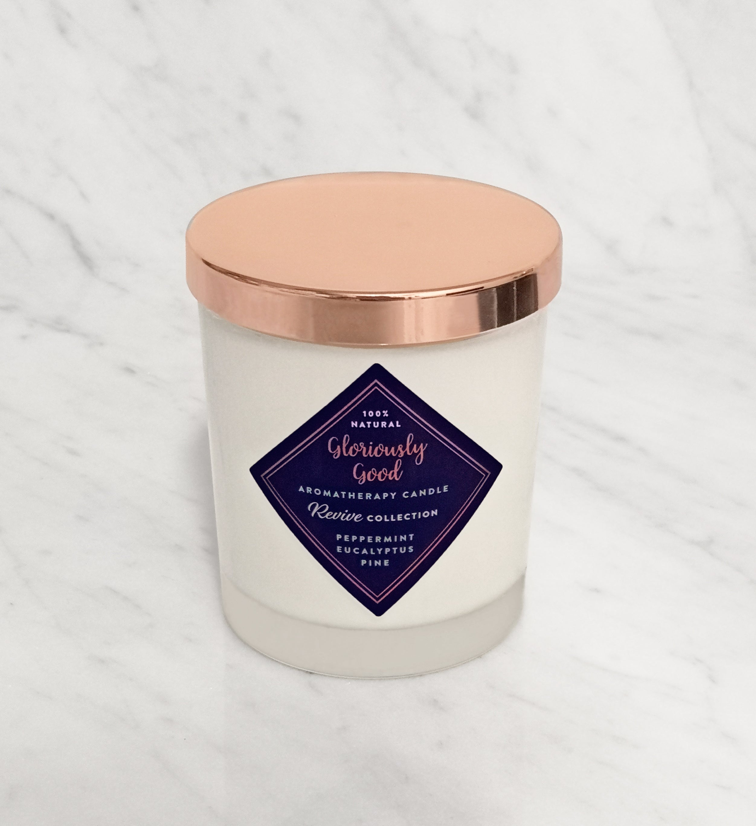 Peppermint, Eucalyptus and Pine aromatherapy candle with rose gold lid hand poured natural soy wax with essential oils