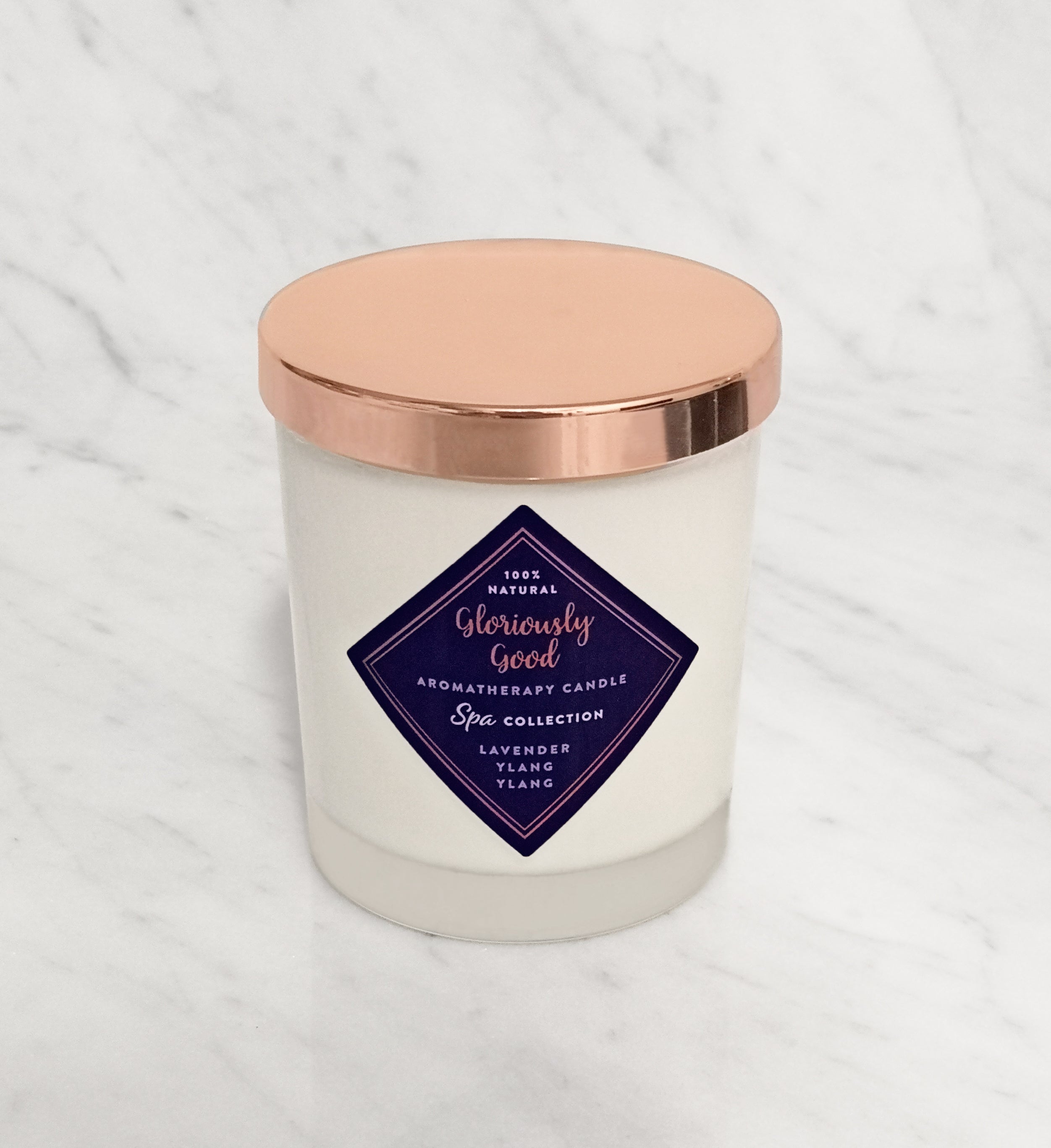 Lavender and Ylang Ylang aromatherapy candle with rose gold lid hand poured natural soy wax with essential oils