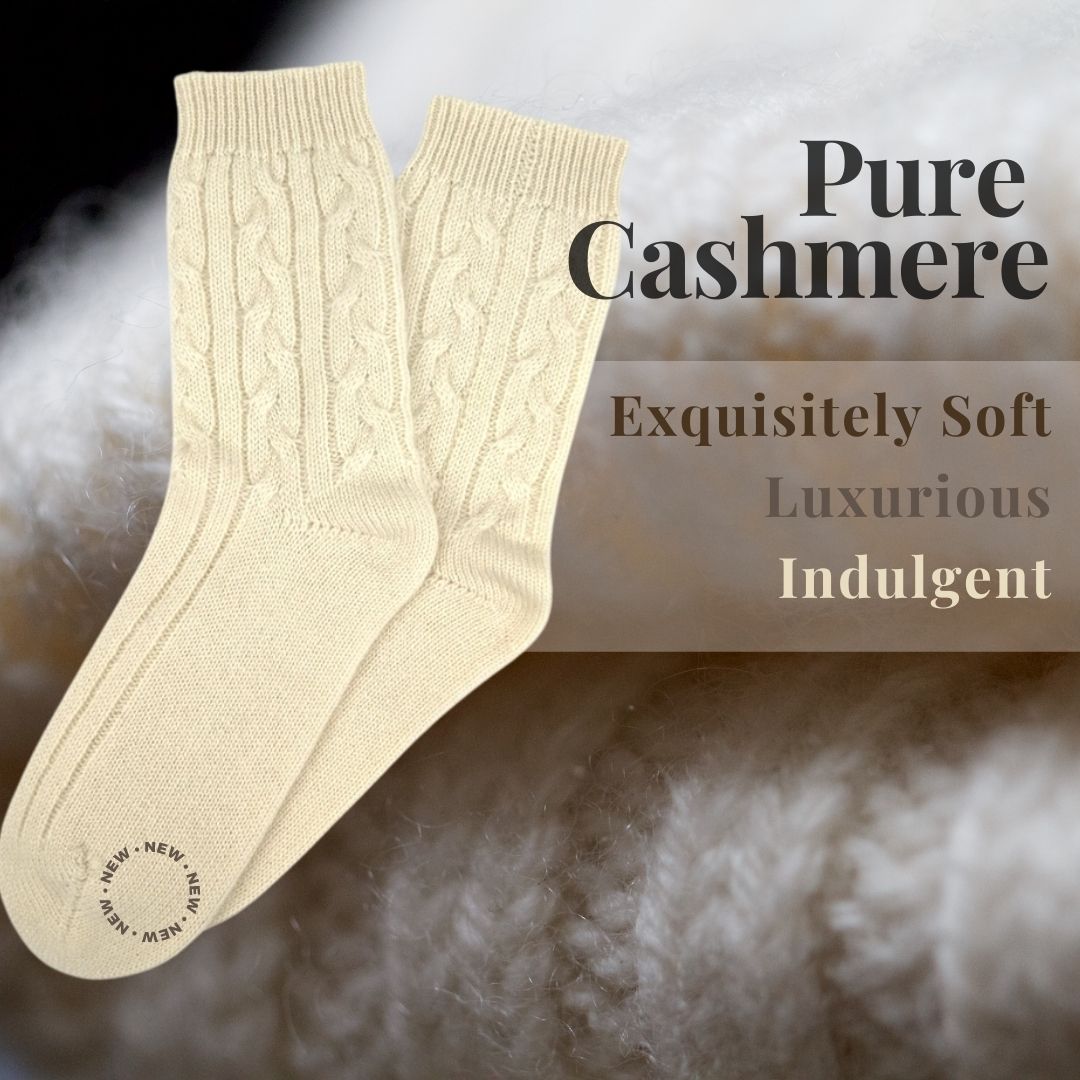 Luxurious Cable Knit 100% Pure Cashmere Wool Sleep Warm Cream Socks –  Gloriously Good