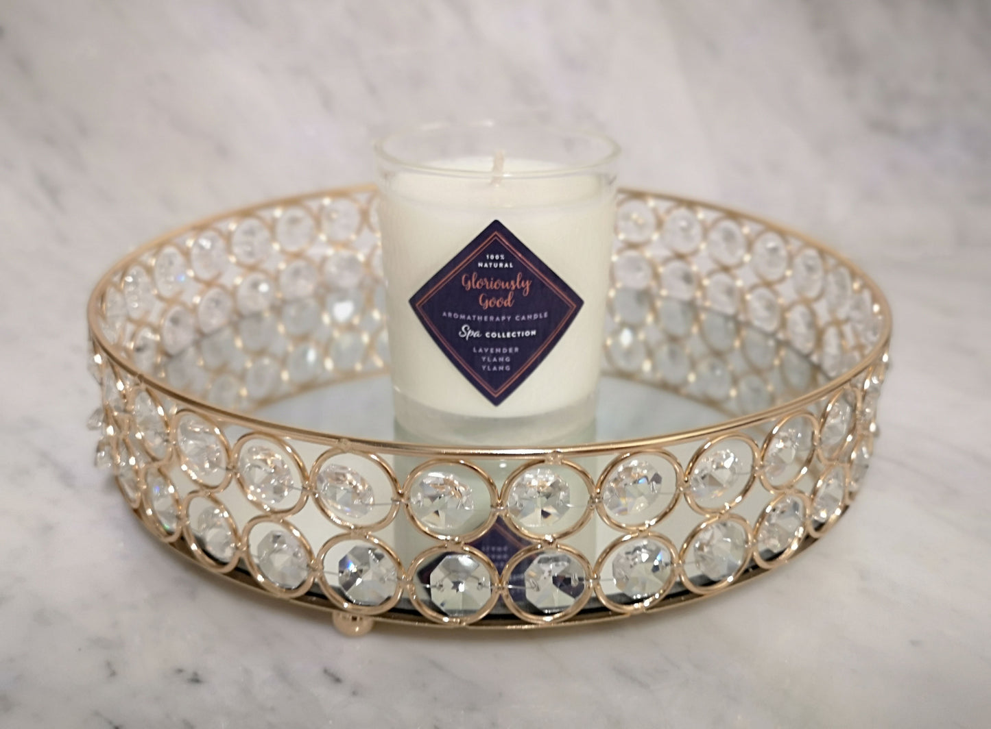 Mirrored decorative tray with Gloriously Good Lavender & Ylang Ylang  Aromatherapy Candle displayed in the centre 