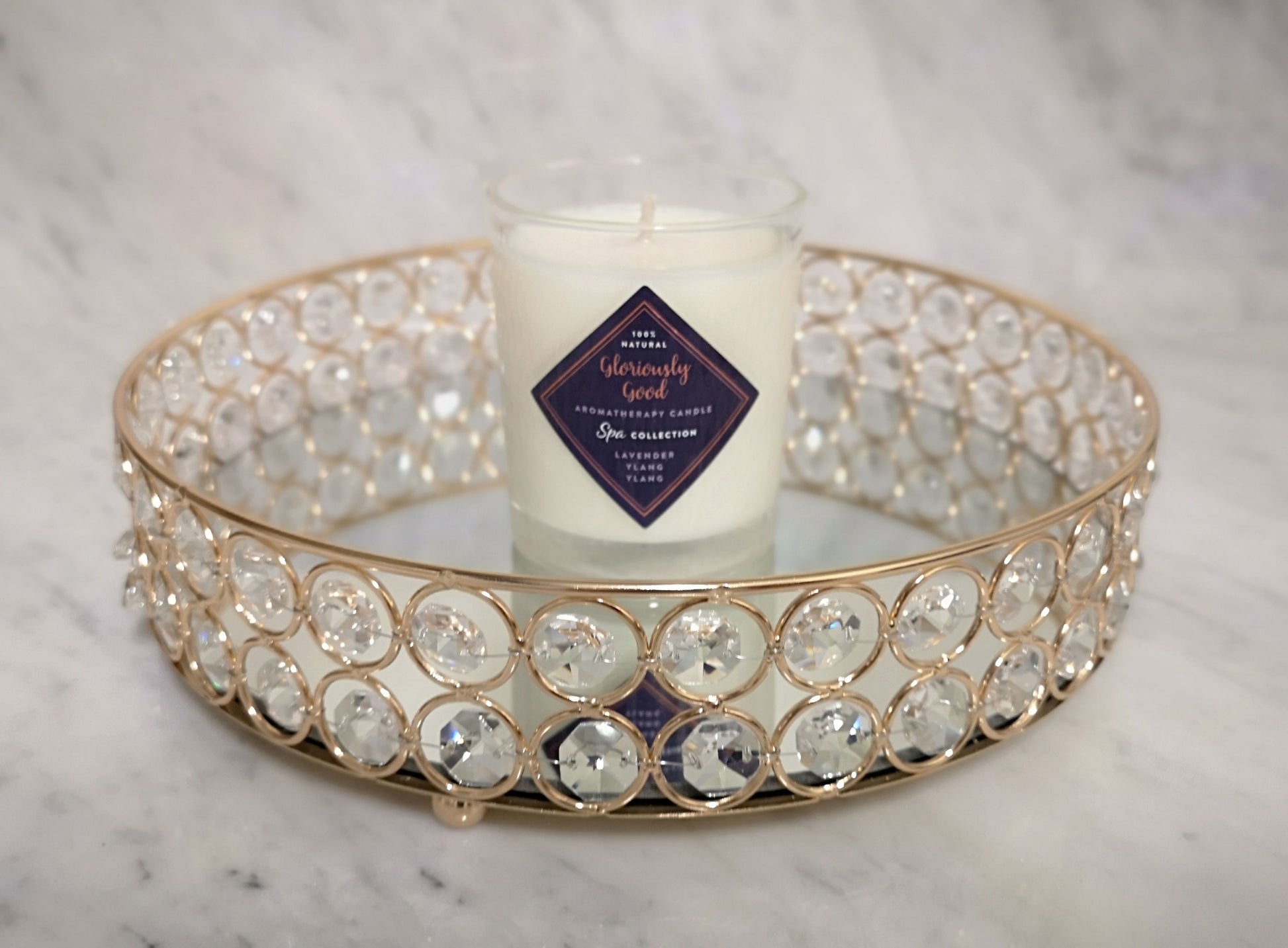 Mirrored decorative tray with Gloriously Good Lavender & Ylang Ylang  Aromatherapy Candle displayed in the centre 